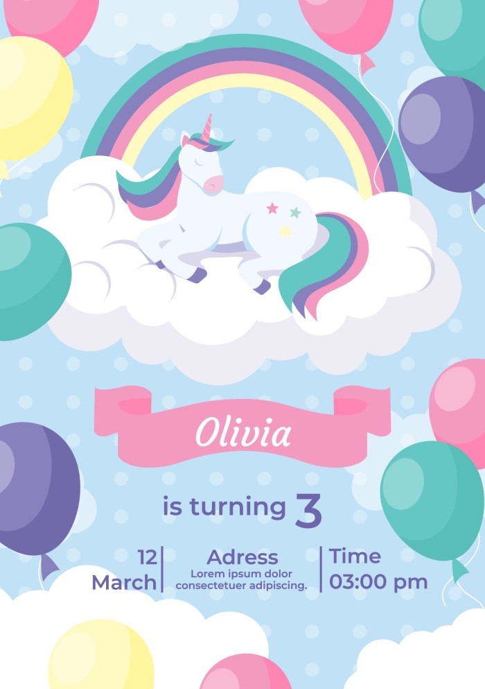 Free Pattern Blue Unicorn Balloon Invitation Template