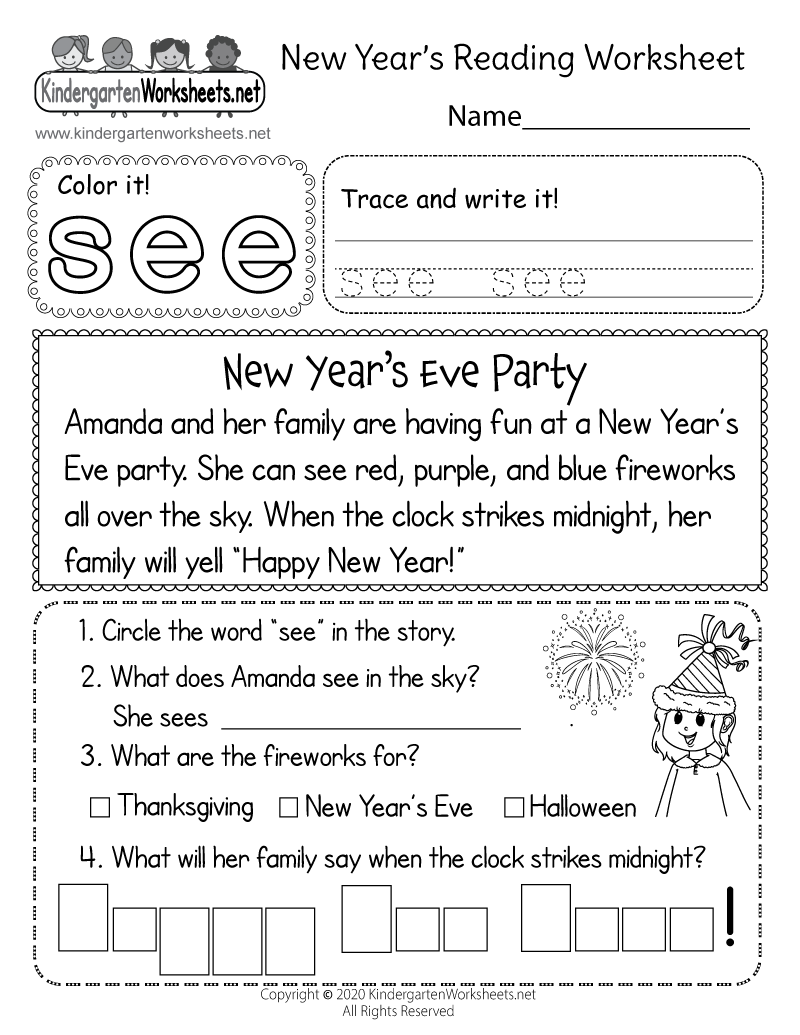 Free Printable New Year 39 s Reading Worksheet For Kindergarten