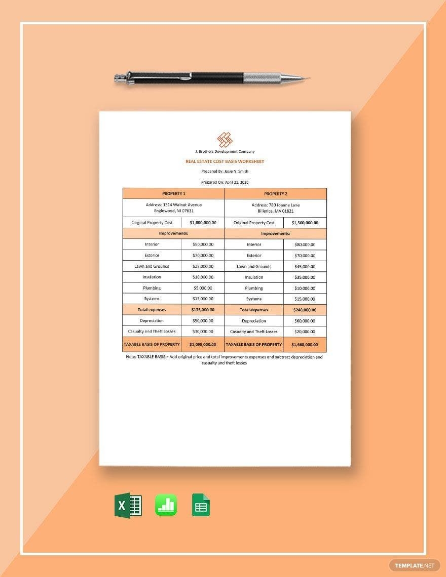 Free Real Estate Cost Basis Worksheet Template Google Docs Google