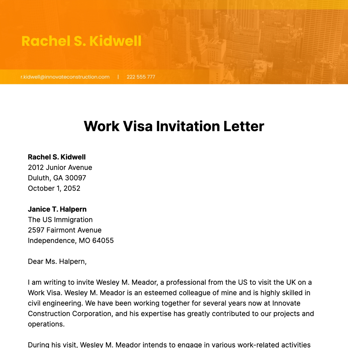 b1 visa invitation letter template