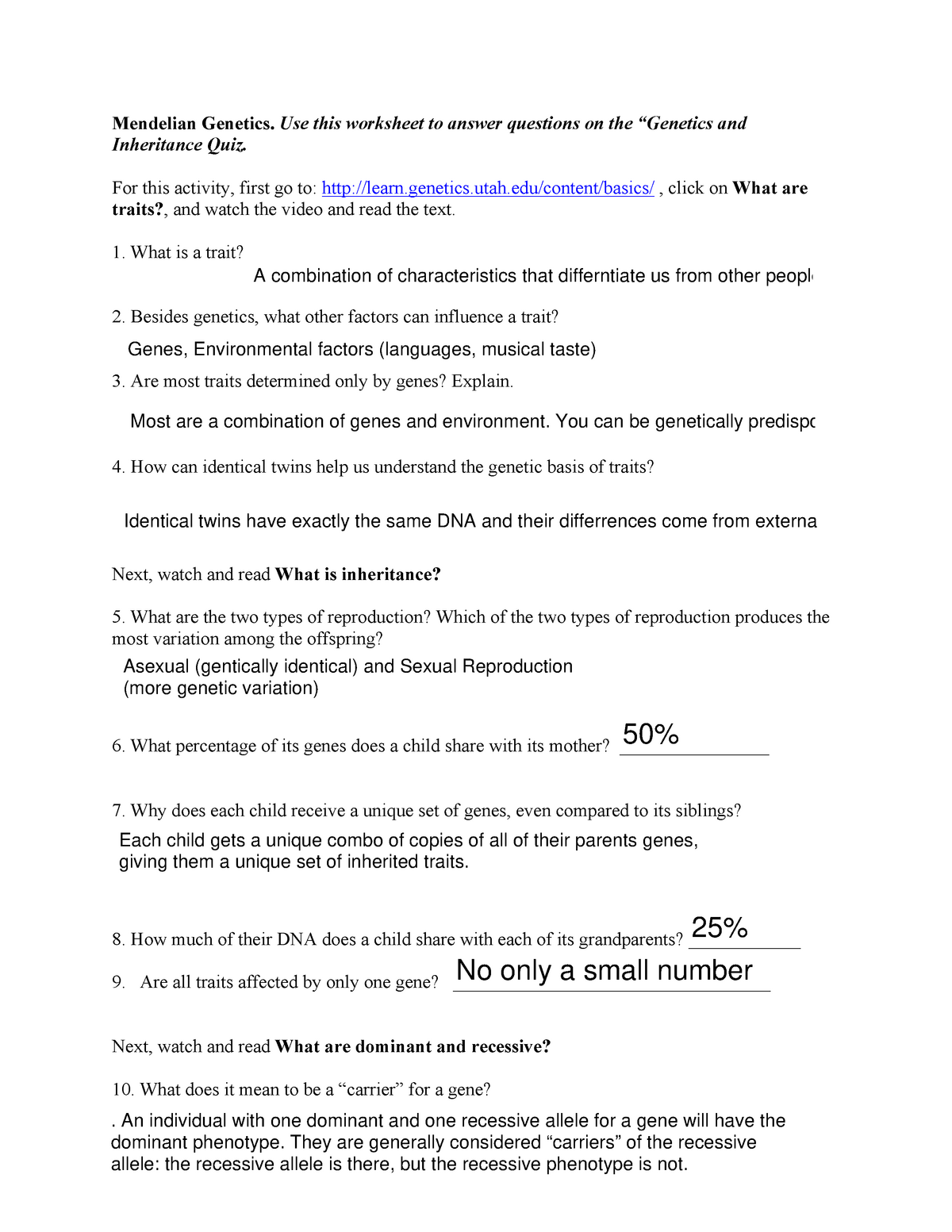Genetics And Inheritance Worksheet Mendelian Genetics Use This