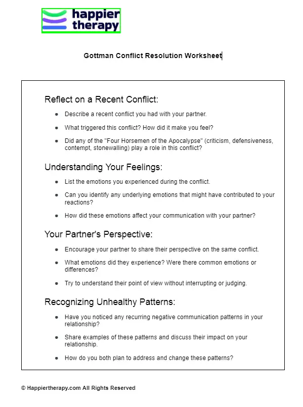 Gottman Conflict Resolution Worksheet HappierTHERAPY