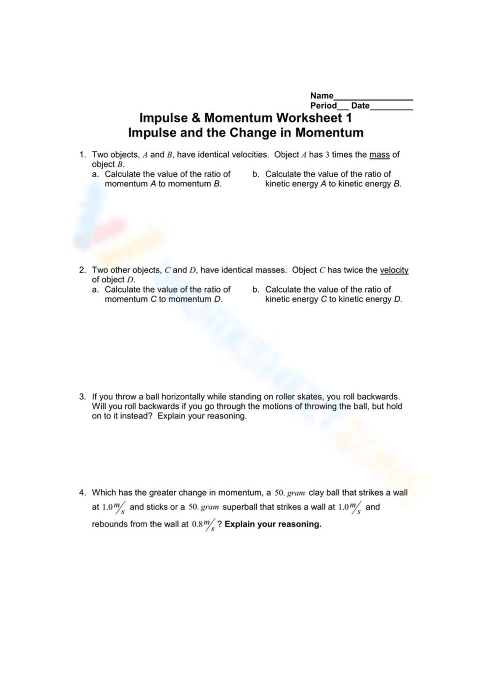 momentum worksheet