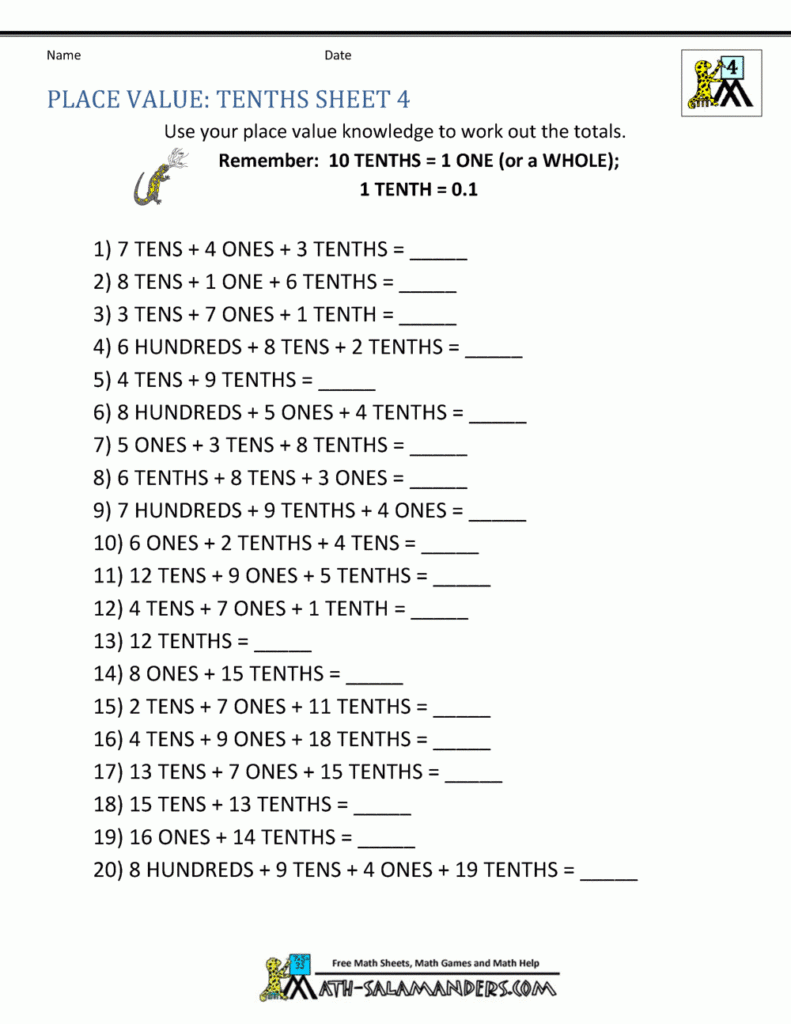 decimal place value worksheet