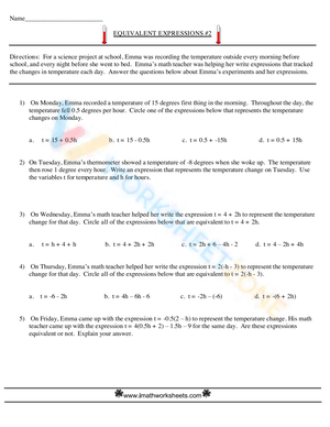 Grade 5 Equivalent Expressions Worksheets 2024