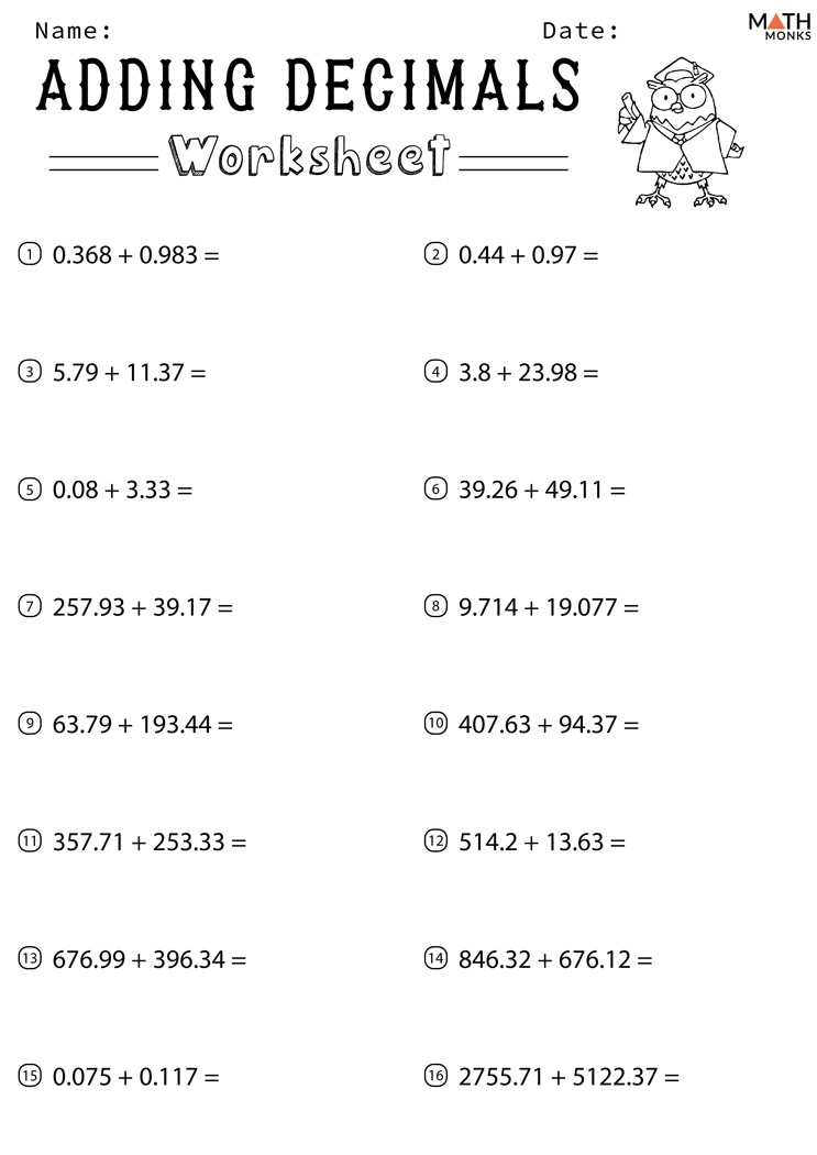 Grade 5 Math Worksheets Adding Decimals In Columns K5 Learning