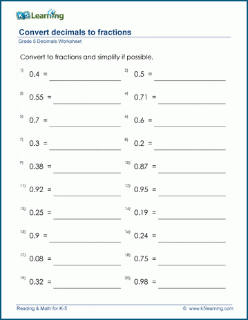 worksheet pdf fractions to decimals 5th grade