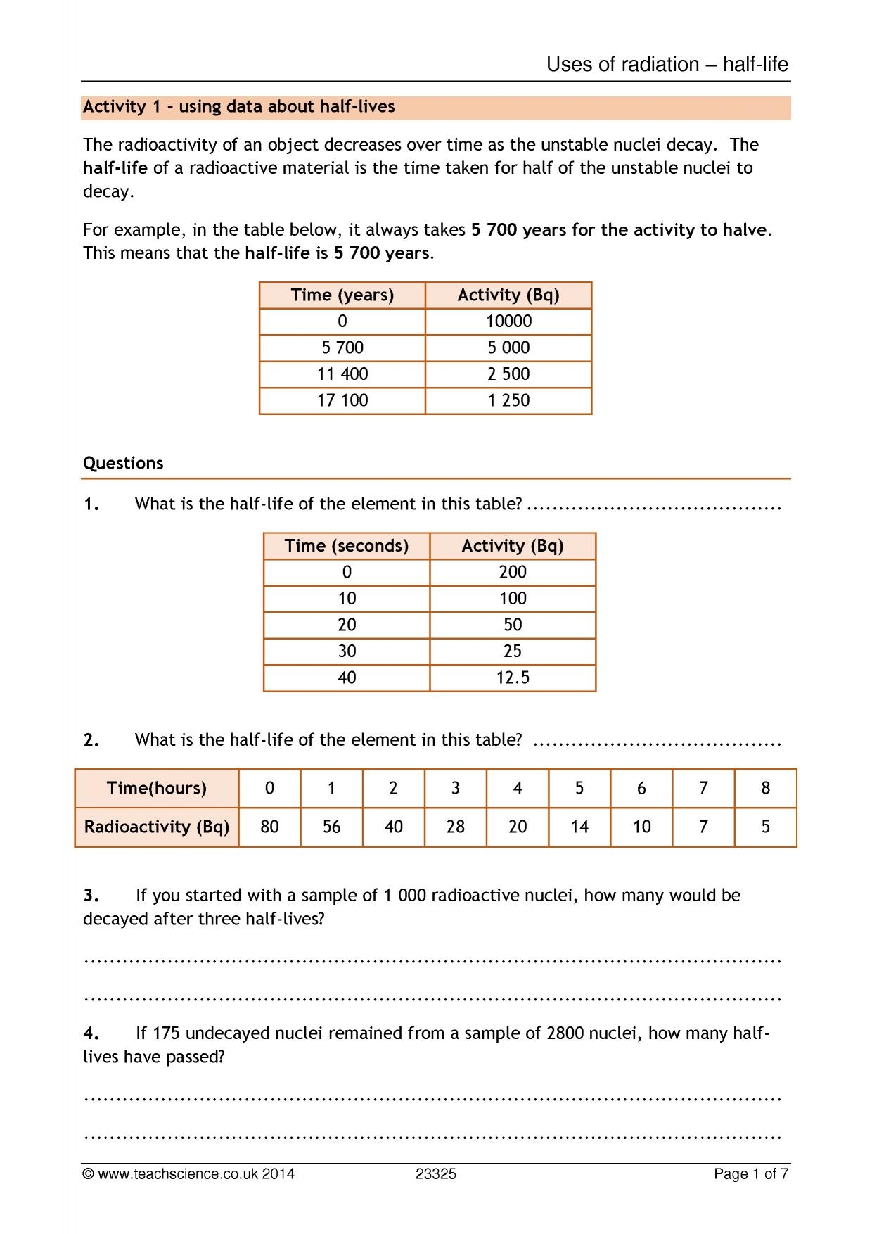 Half Life Worksheet Radiation KS4 Physics Teachit Worksheets Library