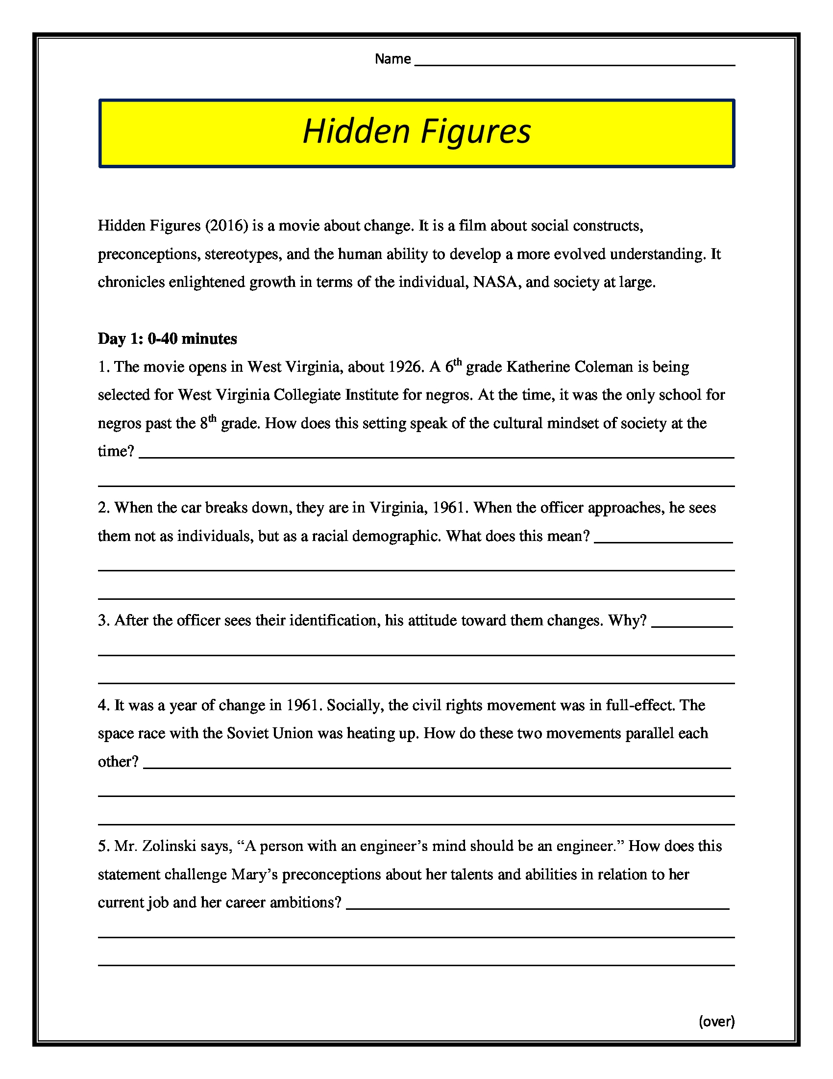 Hidden Figures Worksheet