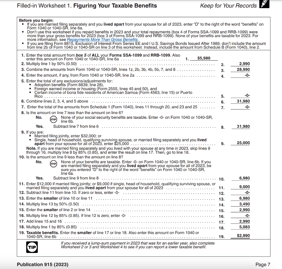 taxable social security income worksheet
