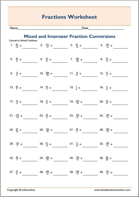 improper fractions worksheet