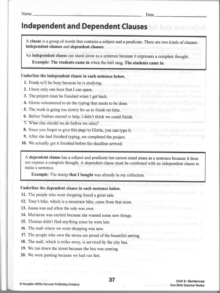 Independent And Dependent Clauses Worksheet Twinkl English 