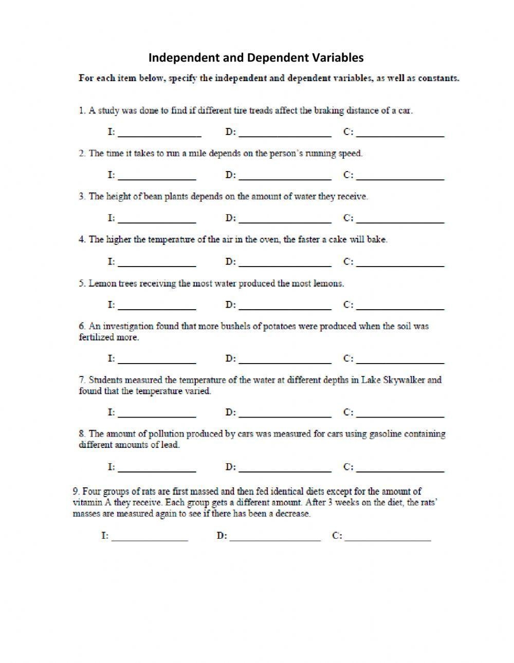 dependent variable worksheet
