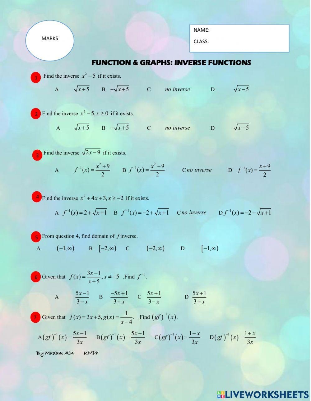Inverse Functions Worksheet Live Worksheets Worksheets Library