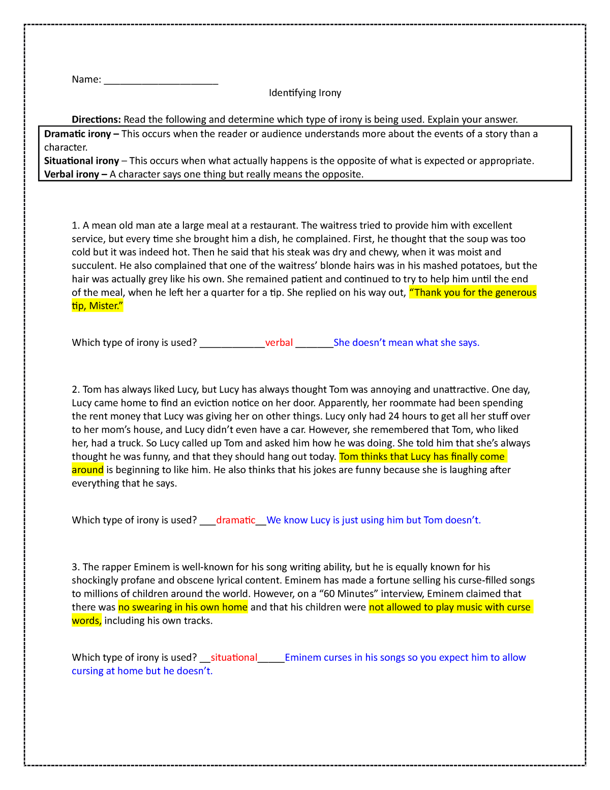 Irony Worksheet Answers Name Identifying Irony Directions Read 