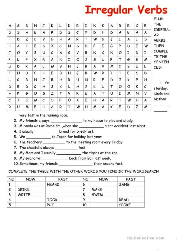 Irregular Verb Wordsearch English Esl Worksheets Within Word Sleuth
