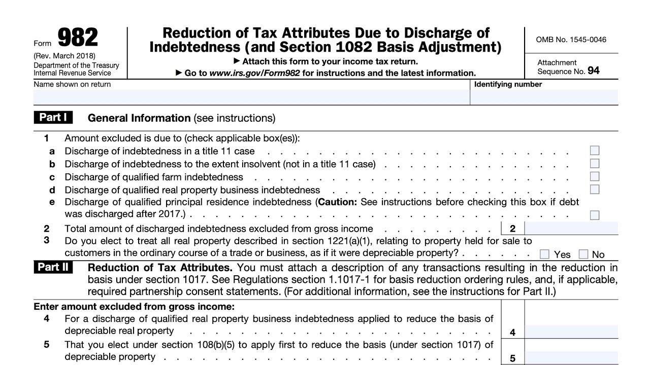 IRS Form 982 Walkthrough Reduction Of Tax Attributes Due To Discharge 