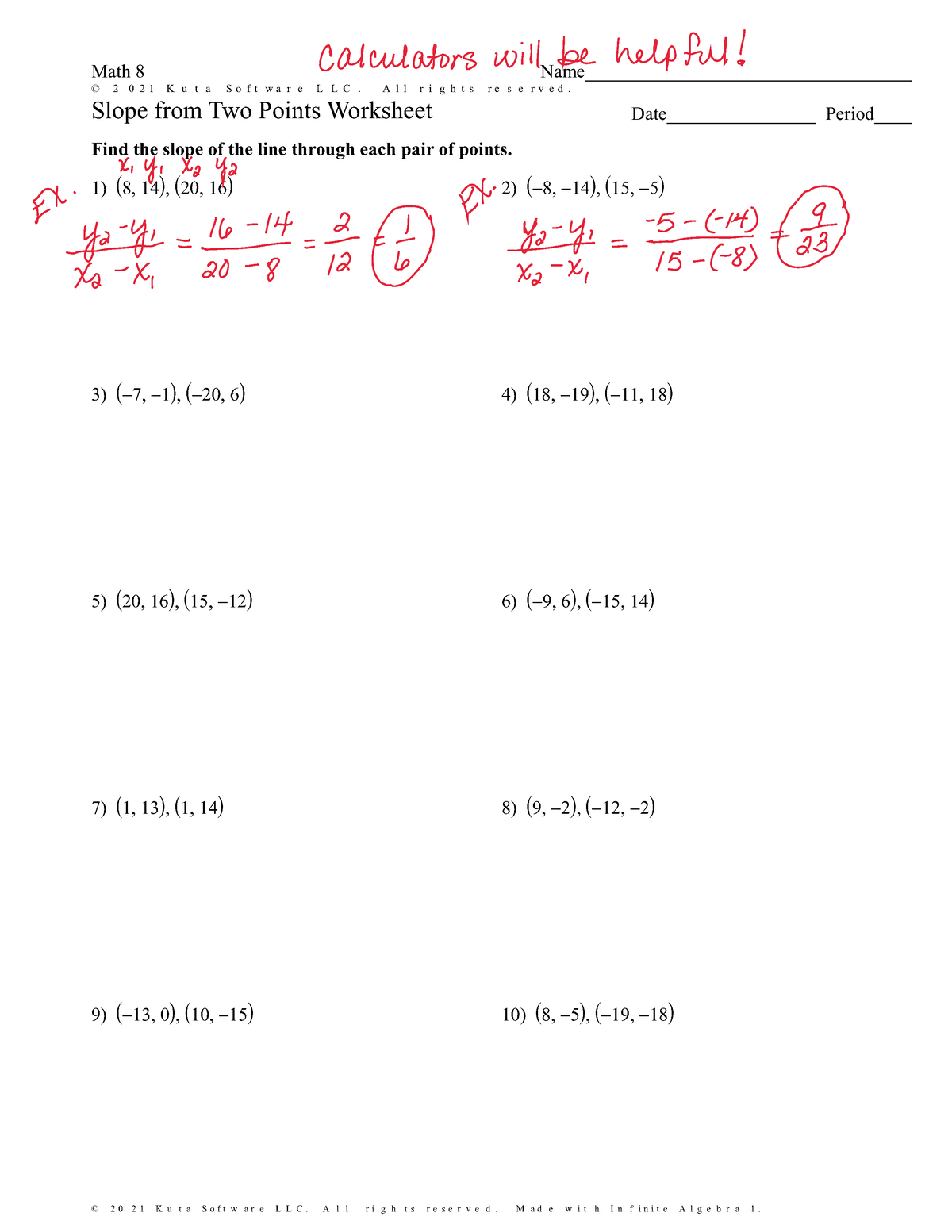 Kaneah Parker Slope From Two Points Worksheet with Examples 