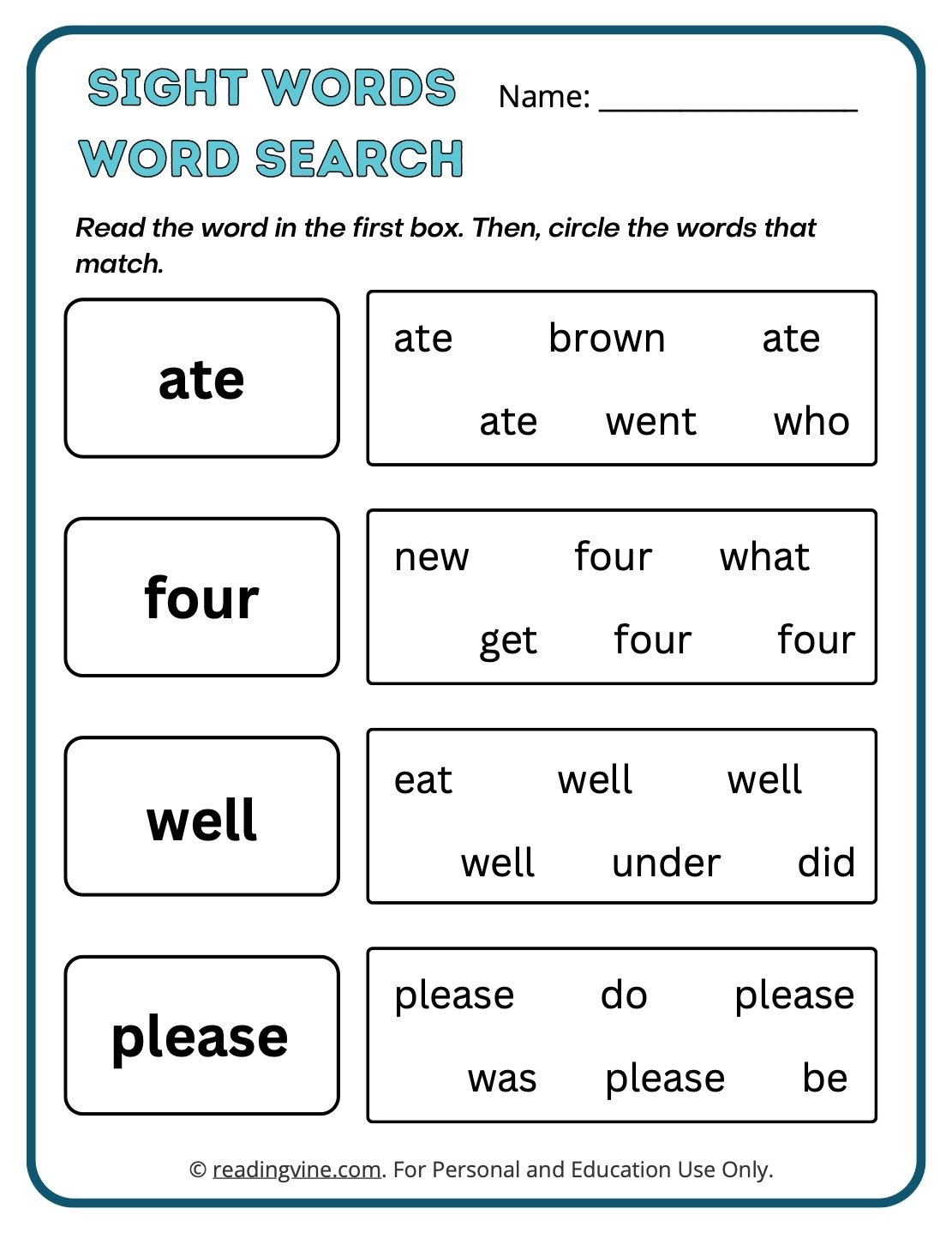 worksheets for sight words