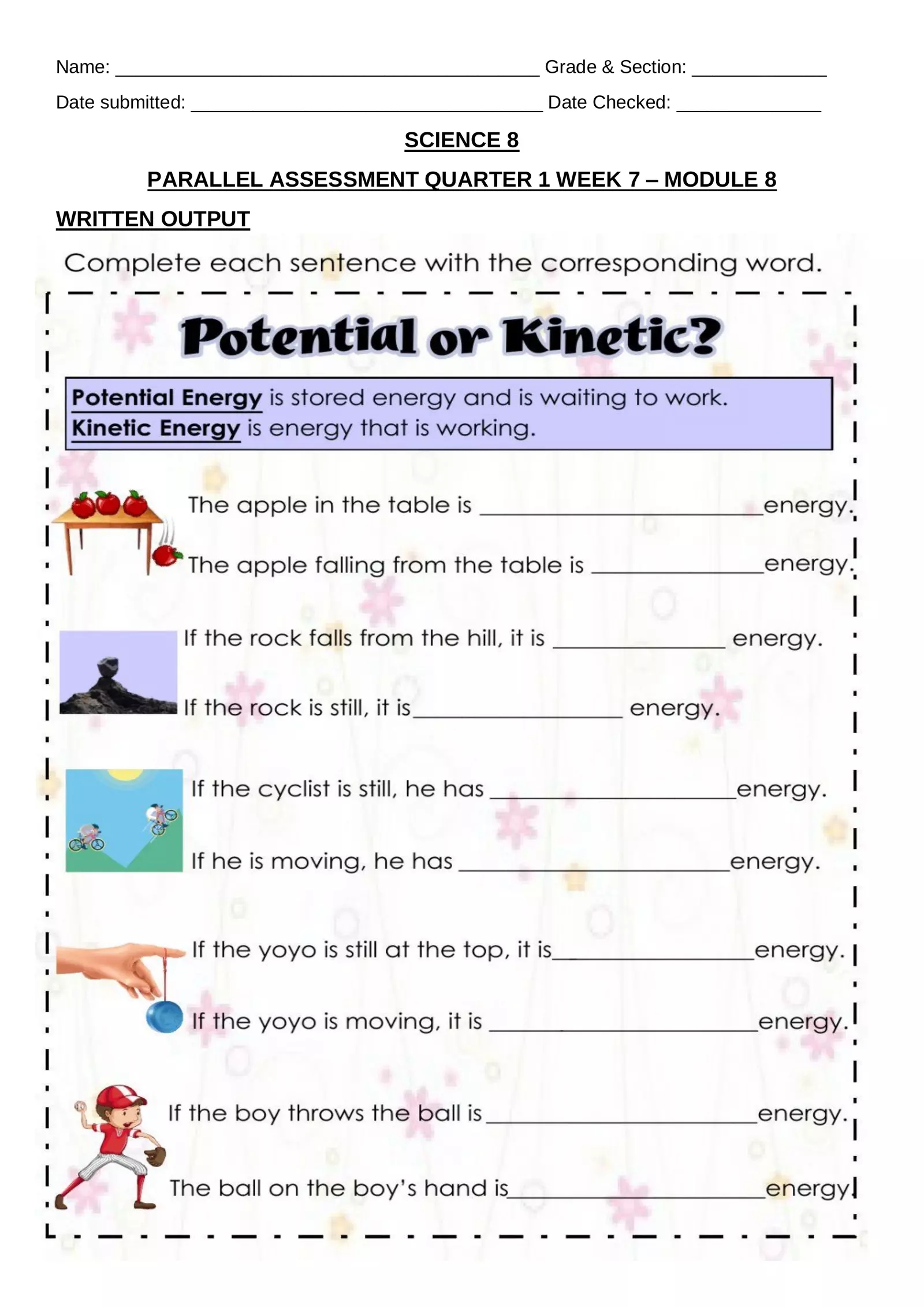 kinetic potential energy worksheet