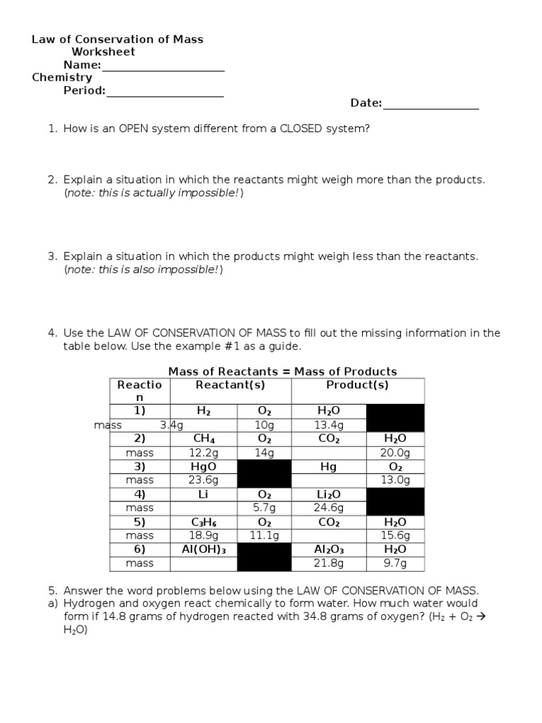 law of conservation of mass worksheet