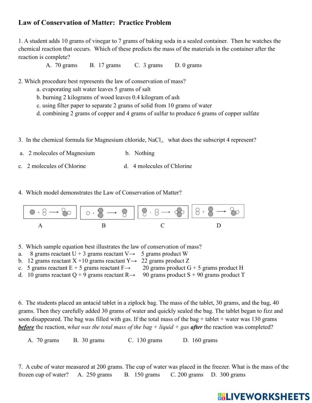 Law Of Conservation Of Matter Practice Problems Worksheet Live 