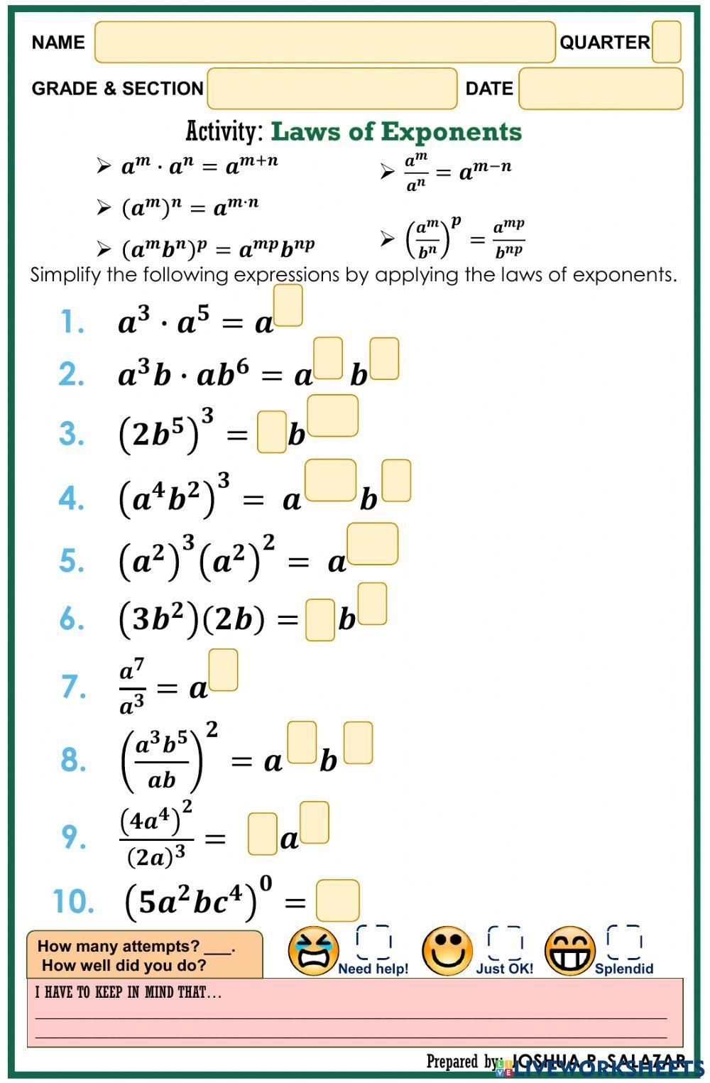 Laws Of Exponents Online Worksheet For Grade 9 Live Worksheets 