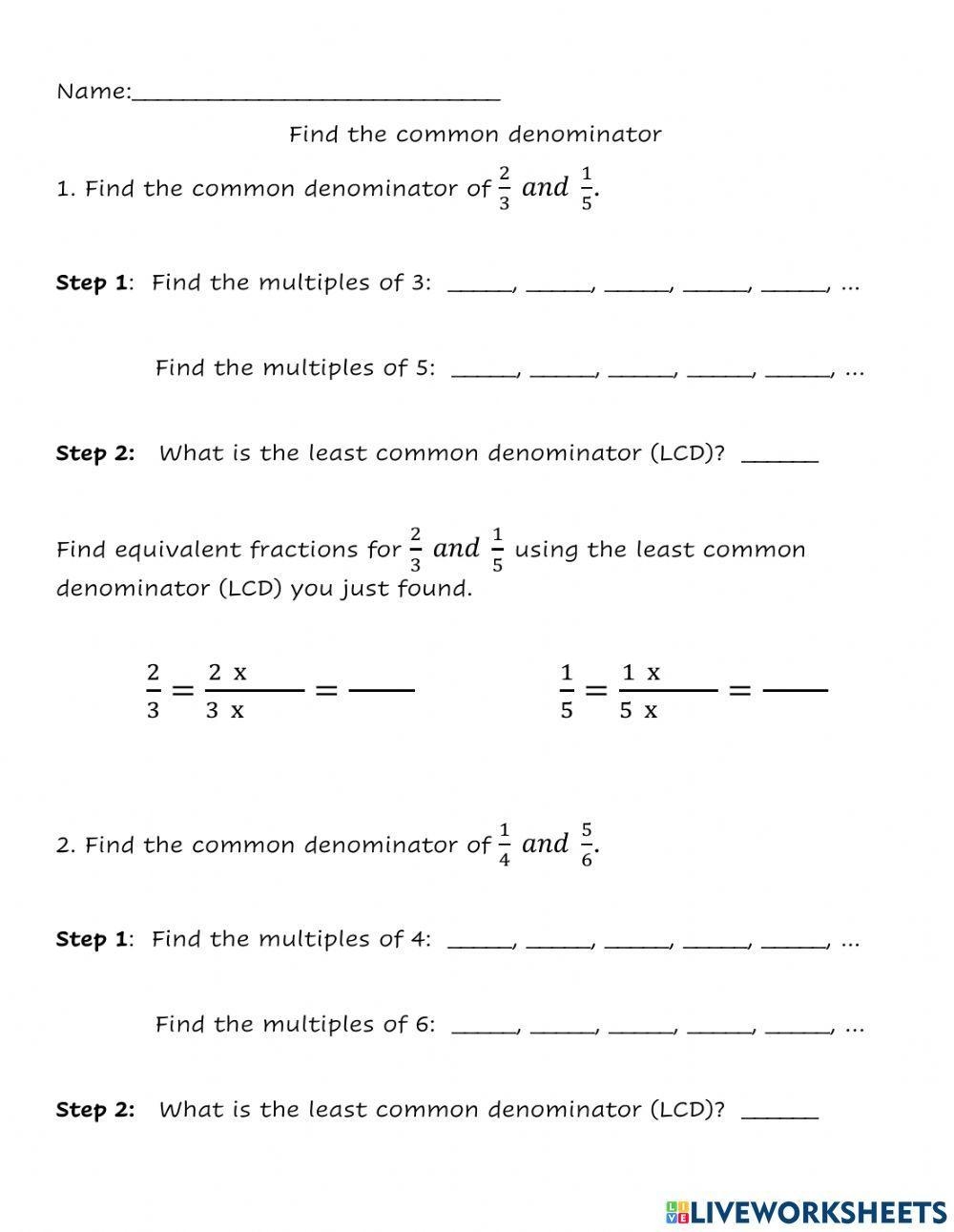 Least Common Denominator Worksheets Worksheets Library