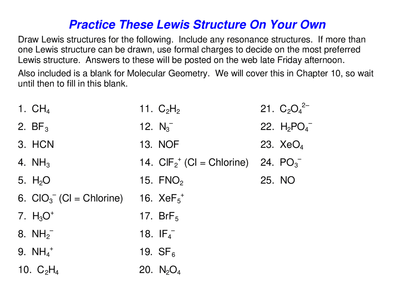 Lewis Structure Worksheet Lecture Notes Geometry Docsity 