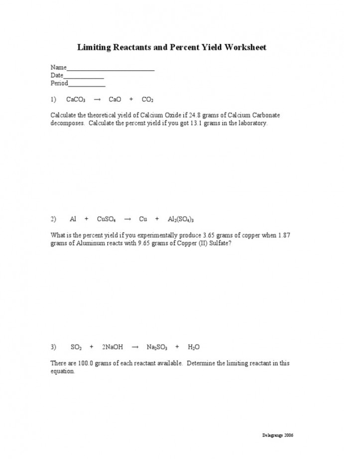 Limiting Reactant And Percent Yield Worksheet Printable PDF Template