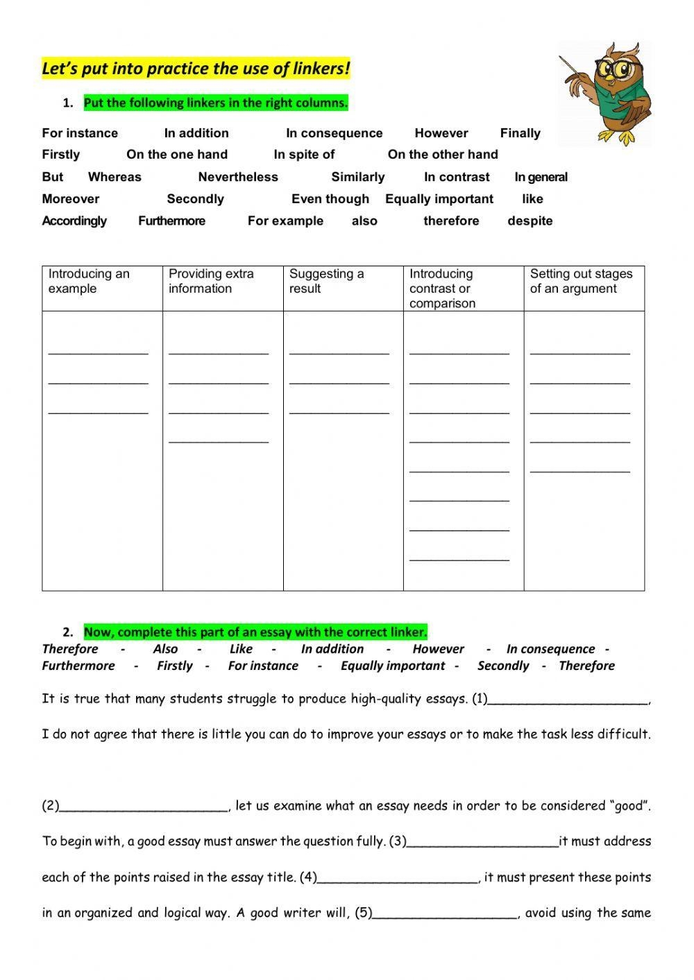 Linkers And Argumentative Essays Worksheet Live Worksheets