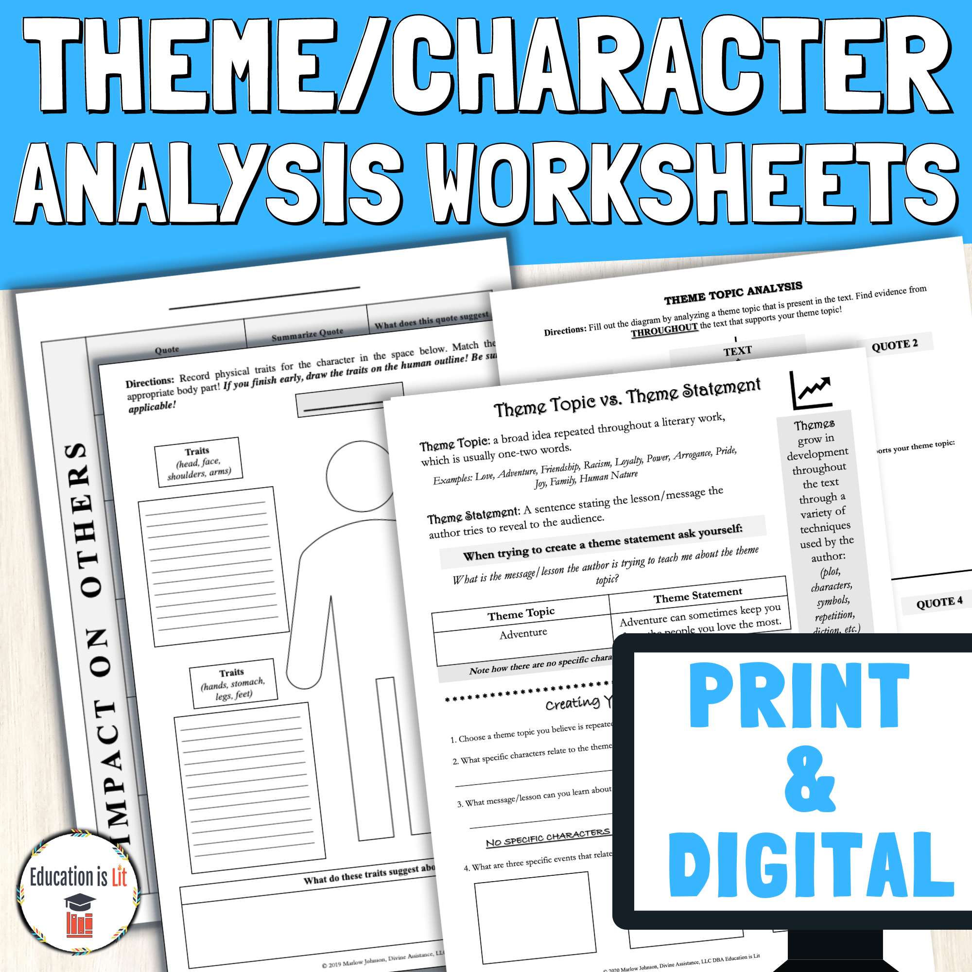 Literary Analysis Worksheets Middle High School For Theme And 