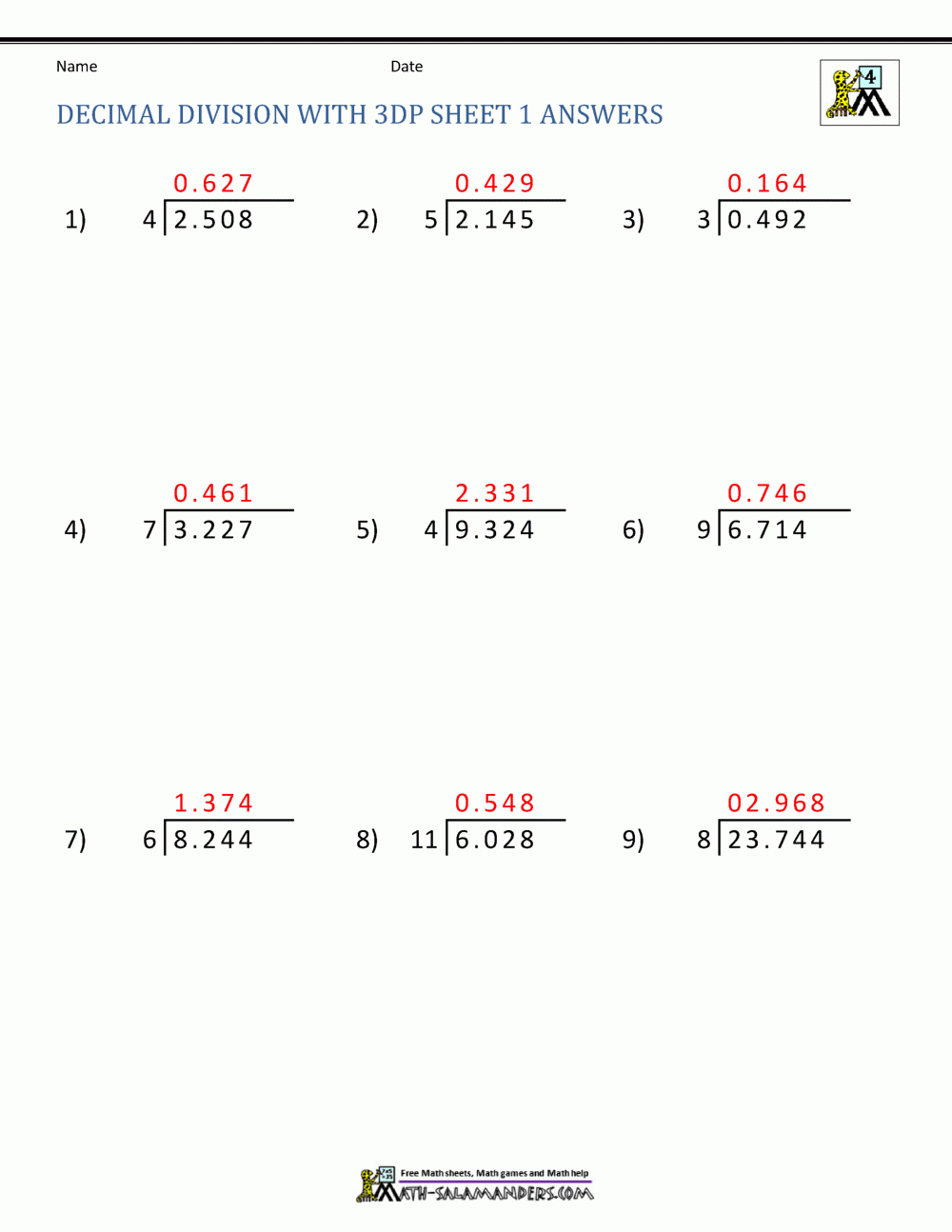 Long Division With Decimals Worksheets With Answers Long Division