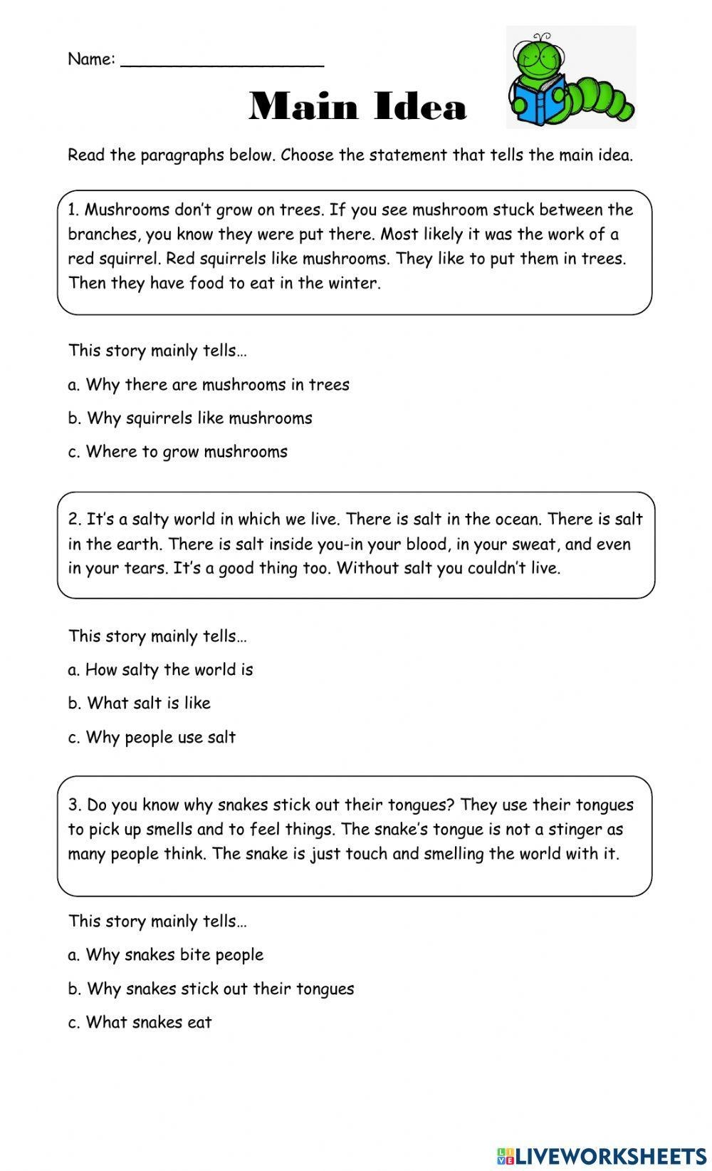 main idea worksheet 4th grade