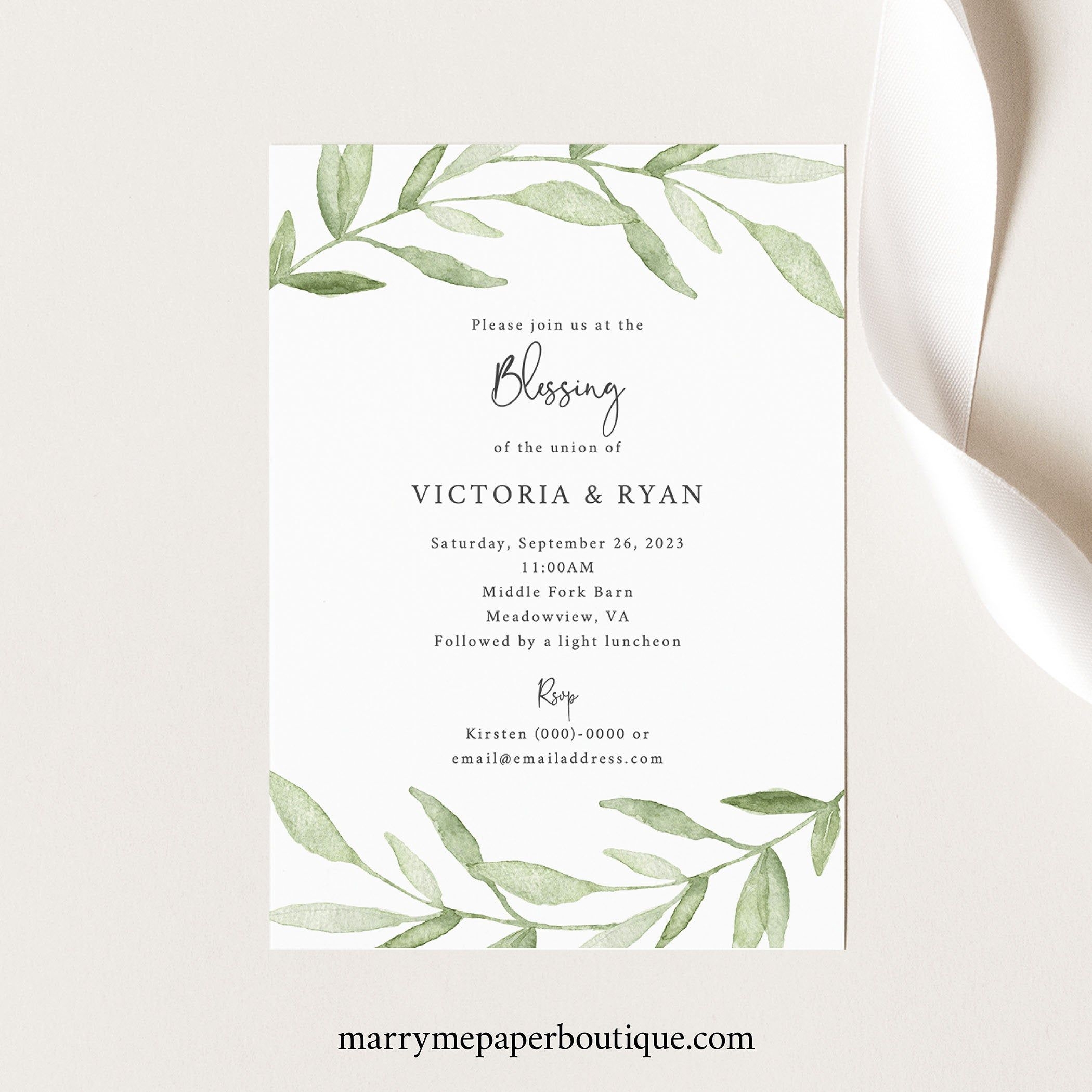 Marriage Blessing Ceremony Invitation Template Greenery Leaves