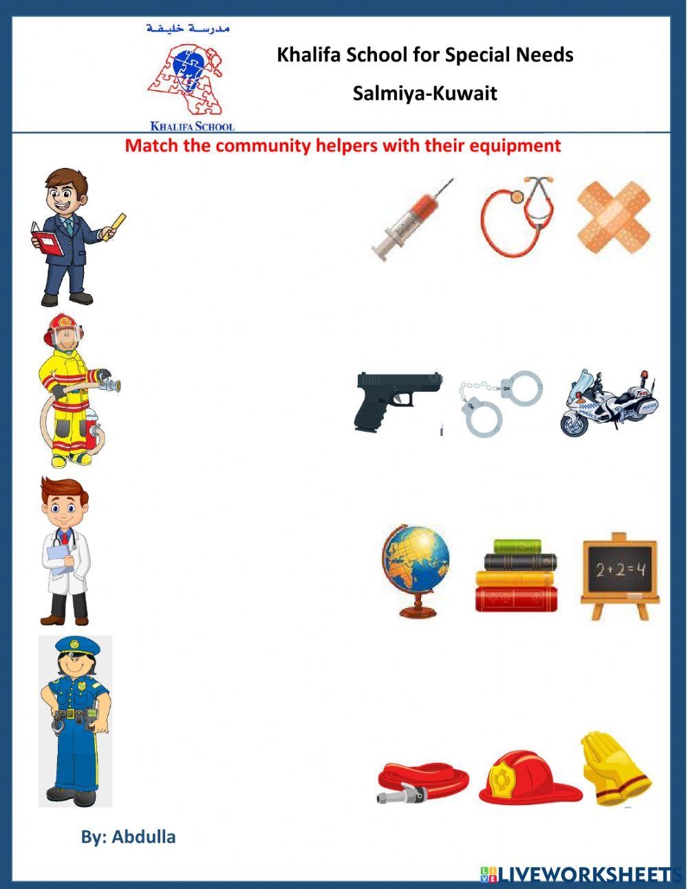 Match The Community Helpers With Their Equipments Worksheet Live 