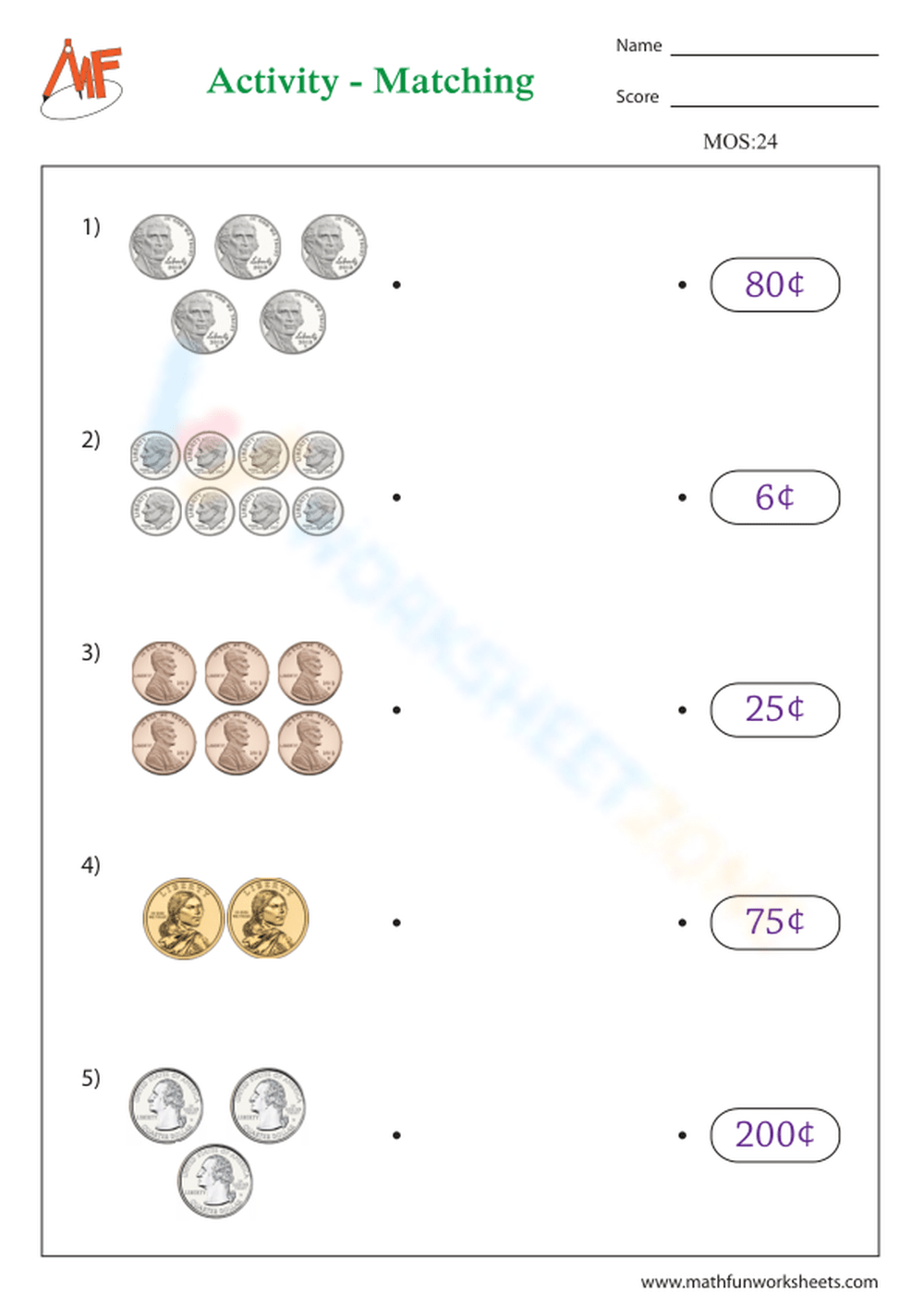 worksheet on money
