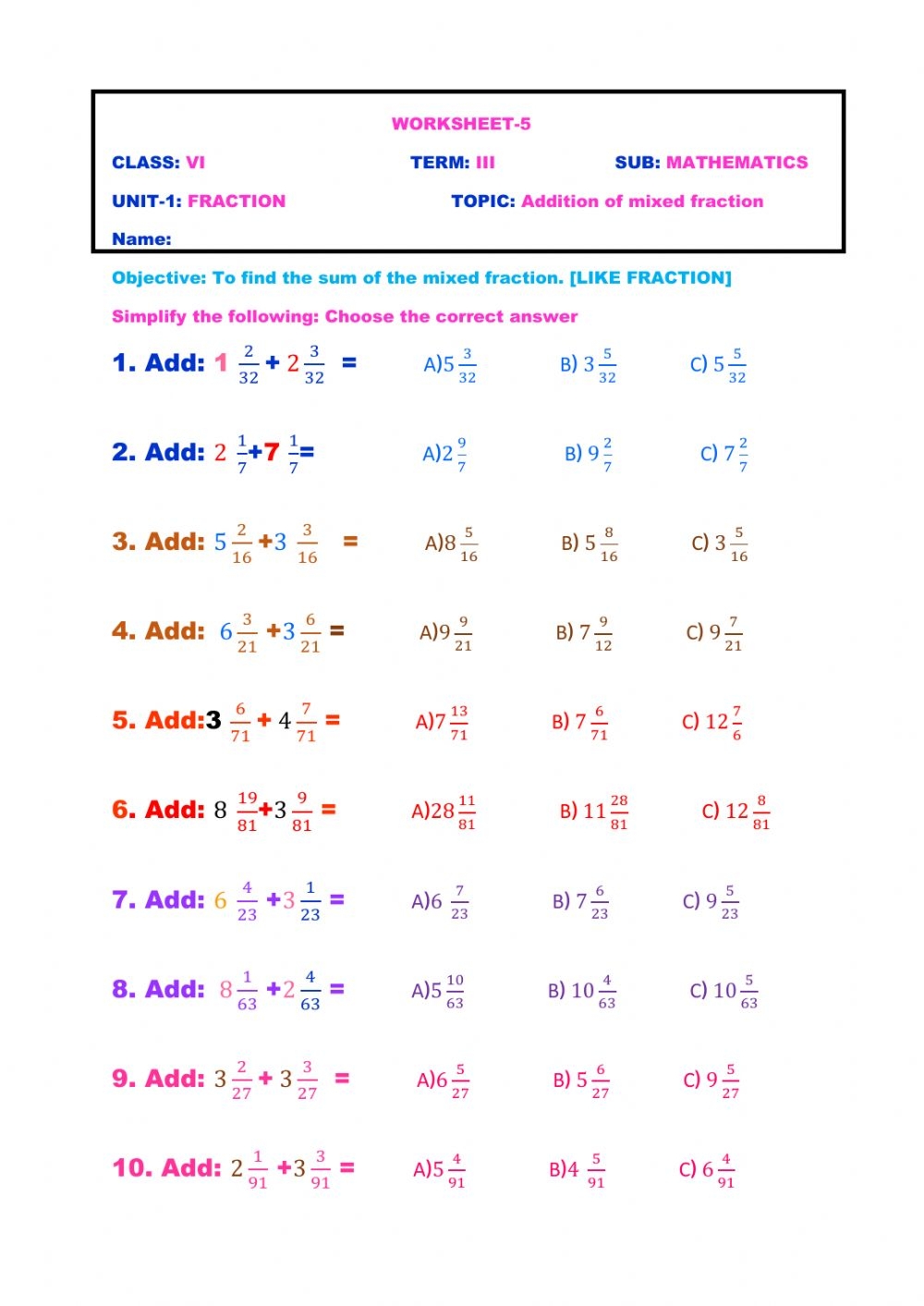 Math Worksheets Adding Fractions With Uncommon Denominators 