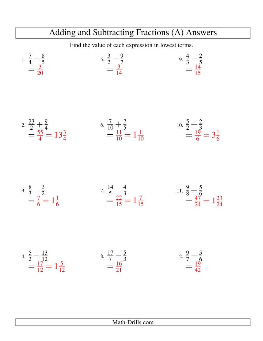 Math Worksheets Adding Fractions With Uncommon Denominators