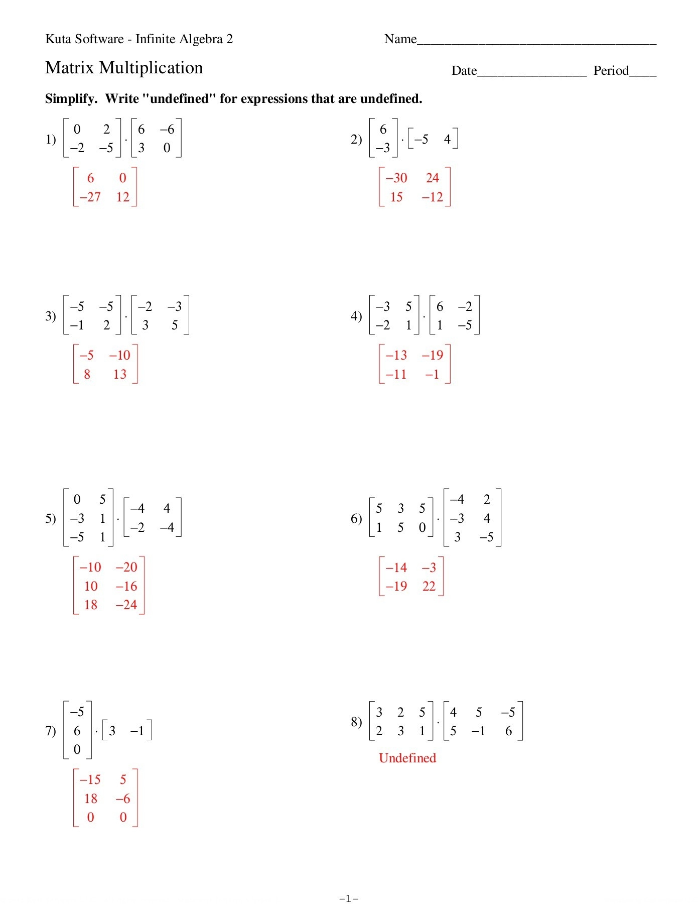 Matrix Multiplication Worksheet Multiplication Worksheets