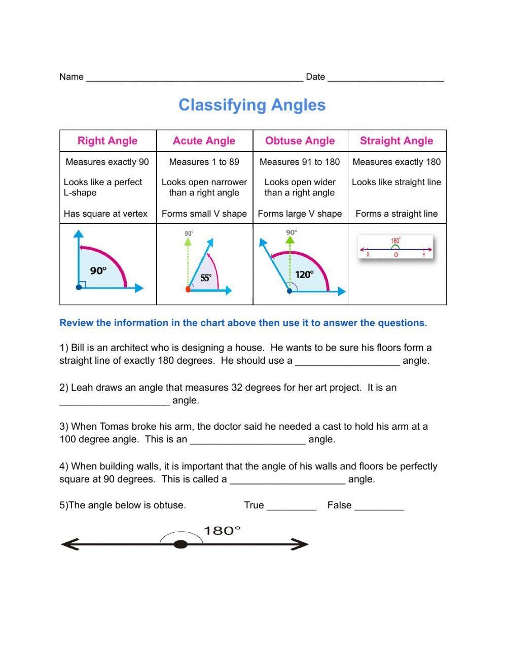 Measuring And Classifying Angles Worksheet For 6th Grade Lesson 