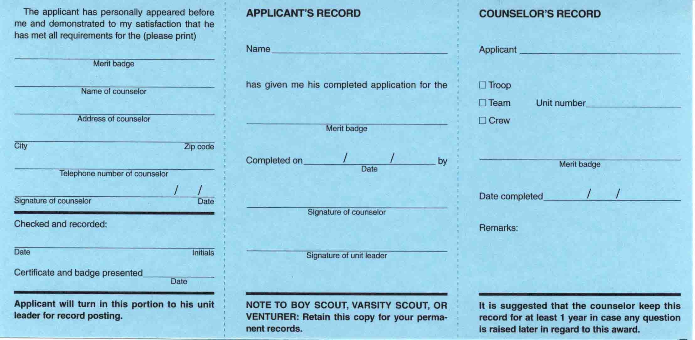 printable blue card merit badge