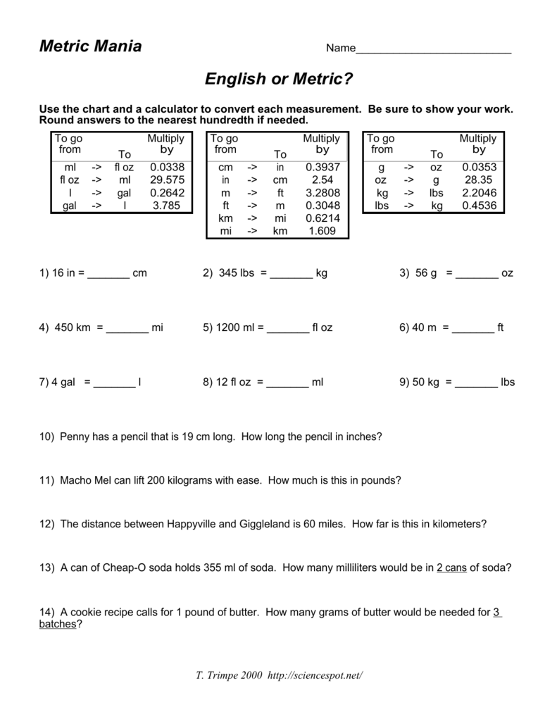 metric conversion worksheet answer key