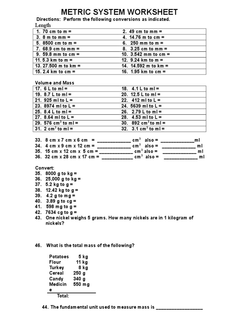 metric system worksheet