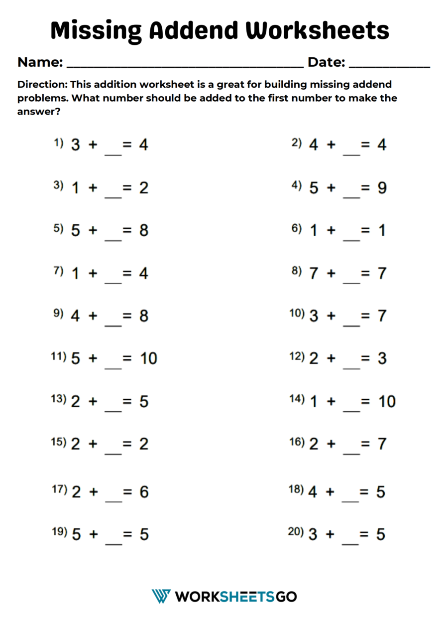 missing addend worksheets
