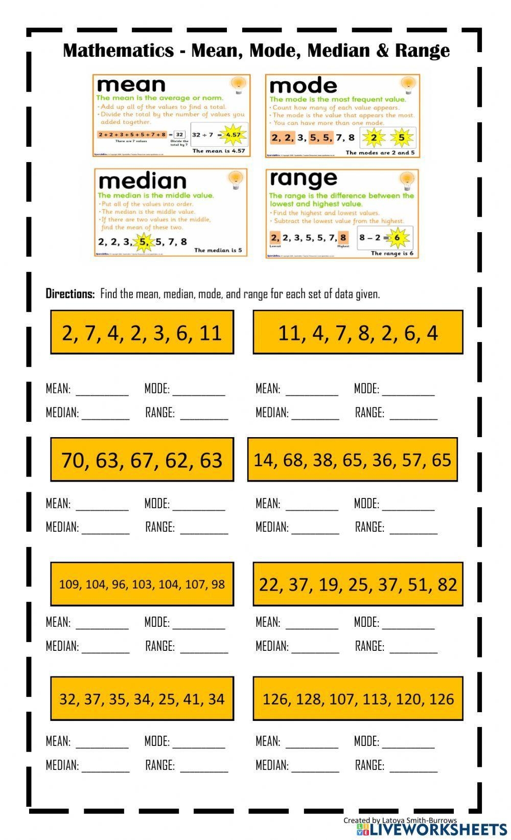 mean median mode and range worksheet