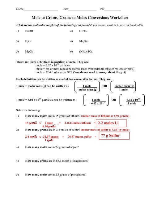 Mole Calculation Worksheet Worksheets Library