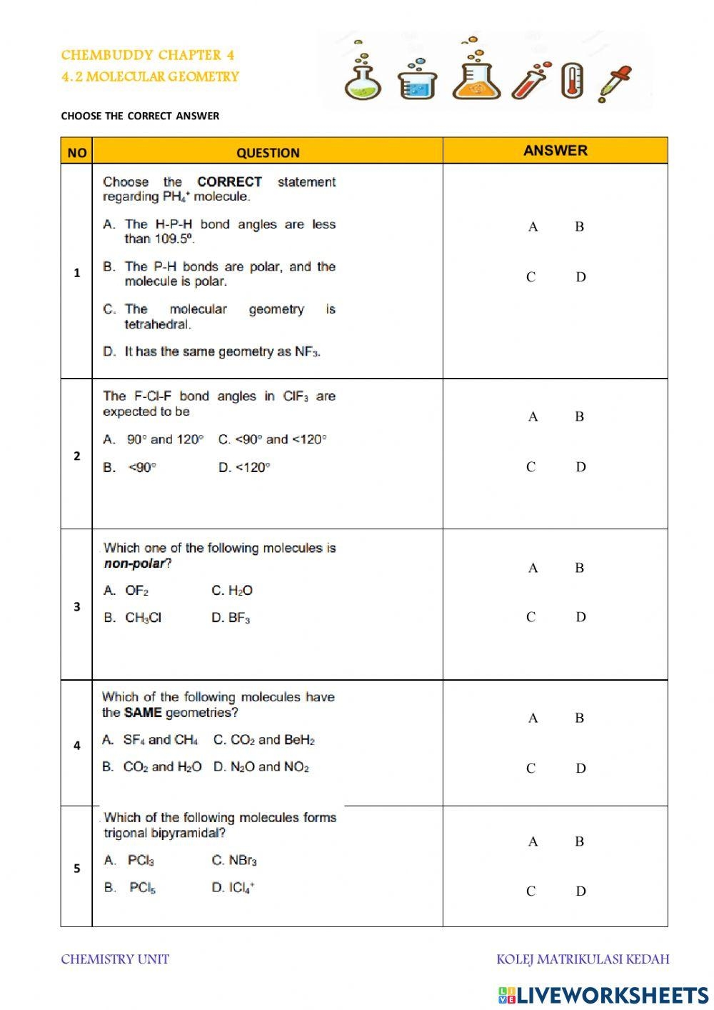 Molecular Geometry NorZahiahHashim Live Worksheets Worksheets Library