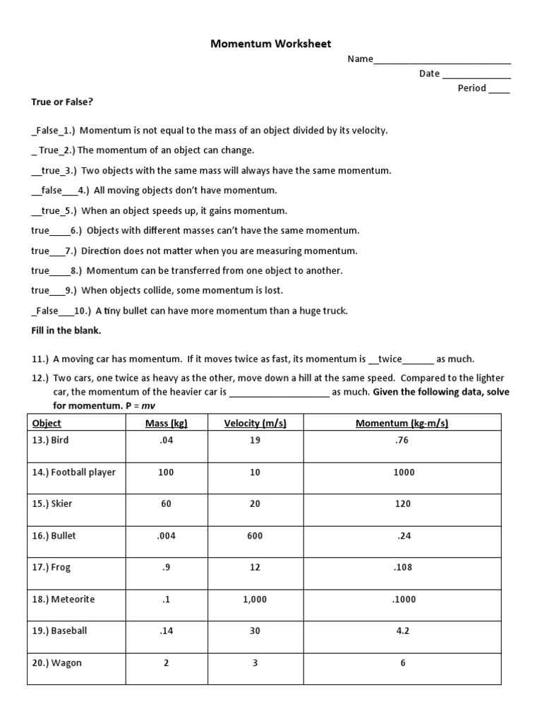 Momentum Worksheet PDF Momentum Mass Worksheets Library