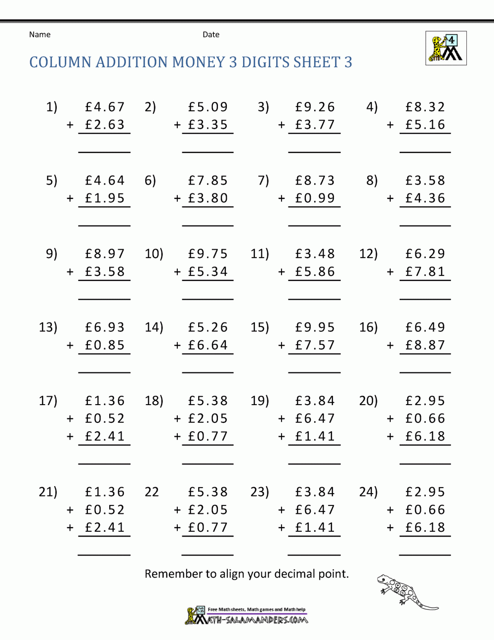money addition worksheets
